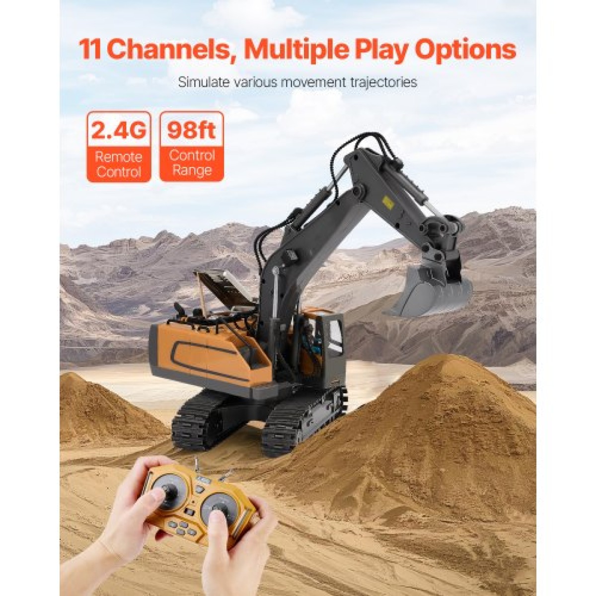 VEVOR Remote Control Excavator Toy, 11 Channel, 1:20 Scale Remote Control Digger Toy, RC Excavator with Lights & Sounds, Full Functional Construction Vehicles for Children, 2 Batteries, Δώρο γενεθλίων