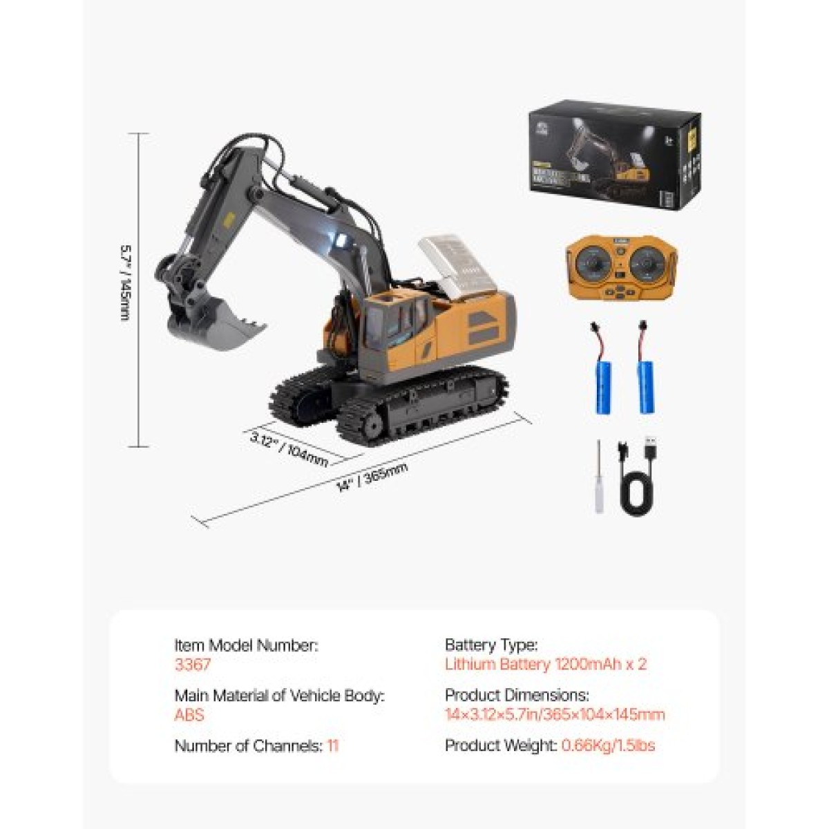 VEVOR Remote Control Excavator Toy, 11 Channel, 1:20 Scale Remote Control Digger Toy, RC Excavator with Lights & Sounds, Full Functional Construction Vehicles for Children, 2 Batteries, Δώρο γενεθλίων