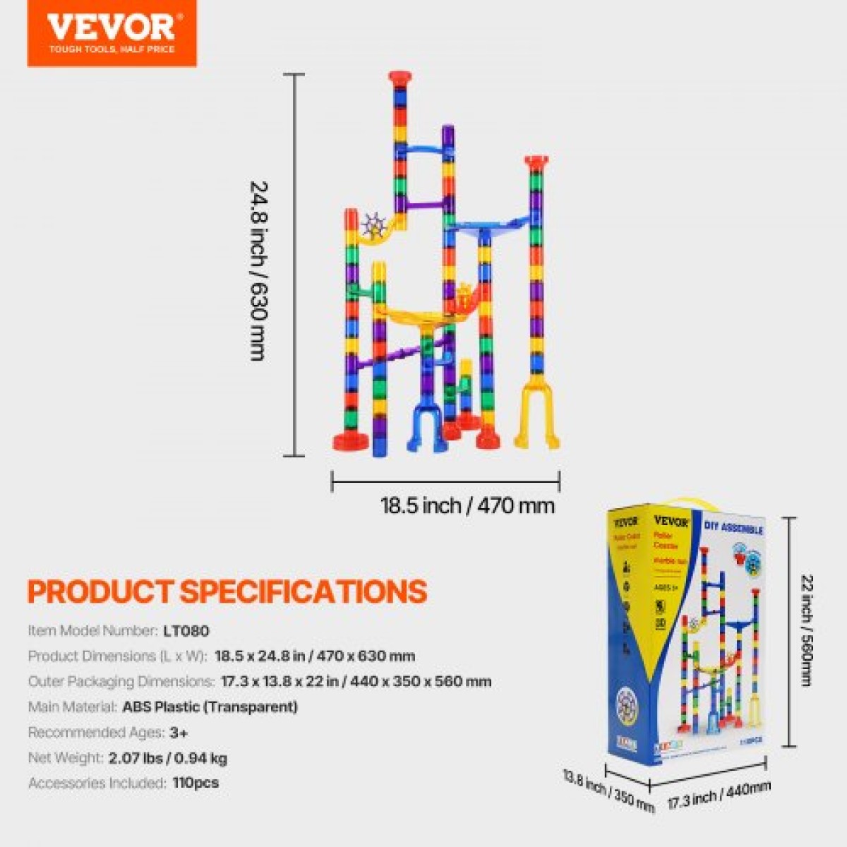 VEVOR Marble Run Set, 110 Piece Marble Maze Building Block Brain Game, with 10 Glow in the Dark Marbles + 20 Glass Marbles, Educational Learning Race Track STEM Toys, για παιδιά, αγόρια, κορίτσια ηλικίας 3+
