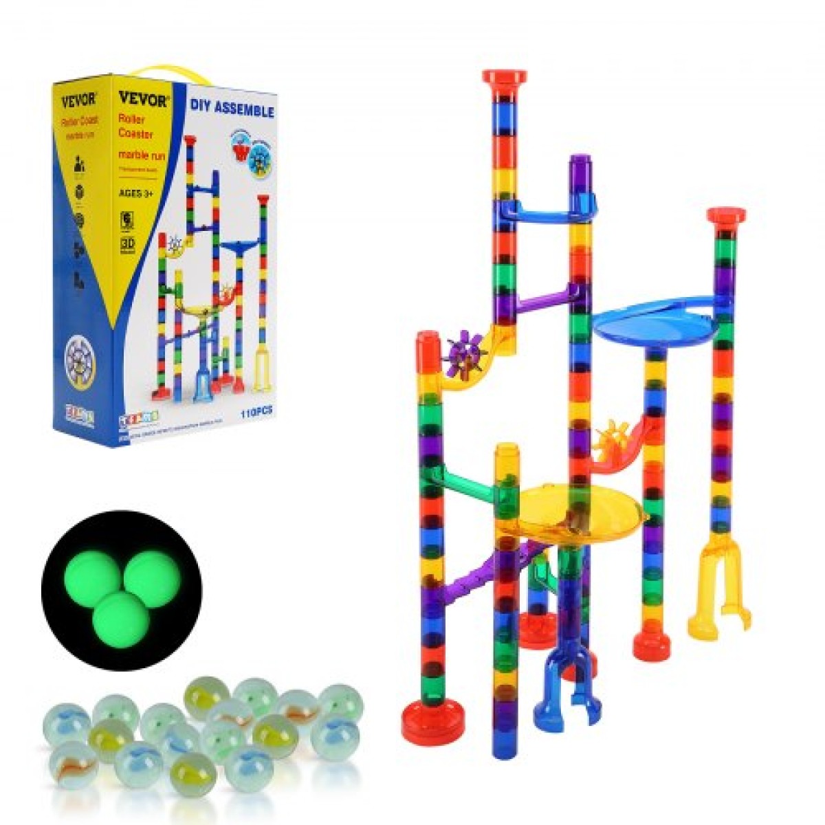VEVOR Marble Run Set, 110 Piece Marble Maze Building Block Brain Game, with 10 Glow in the Dark Marbles + 20 Glass Marbles, Educational Learning Race Track STEM Toys, για παιδιά, αγόρια, κορίτσια ηλικίας 3+