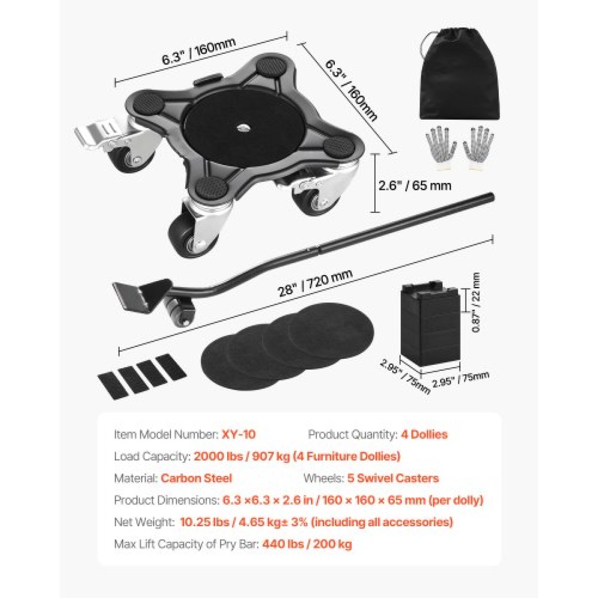 VEVOR Furniture Dolly, Μέγιστο Φορτίο 1200 lbs, Μετακινήσεις επίπλων βαρέως τύπου με 5 τροχούς περιστροφής 360°, πάνελ από ανθρακούχο χάλυβα, Σετ εργαλείων ανύψωσης επίπλων για συσκευές, Καναπές, Ψυγείο, Πλυντήριο ρούχων