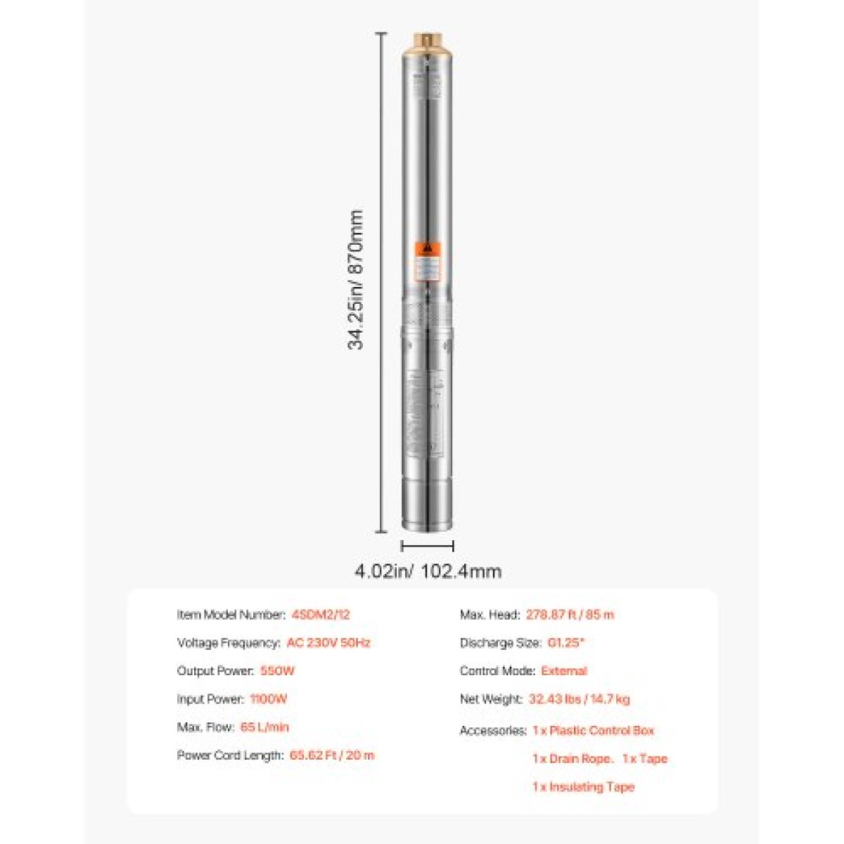 Υποβρύχια αντλία VEVOR Deep Well, Ισχύς εισόδου 1100W, 230V, 65 L/min Ροή 85 m(279 ft) Κεφαλή, με εξωτερικό κιβώτιο ελέγχου καλωδίου 20 m (65,62 ft), Αντλία νερού από ανοξείδωτο χάλυβα, για βιομηχανικό πότισμα και οικιακή χρήση, IP6