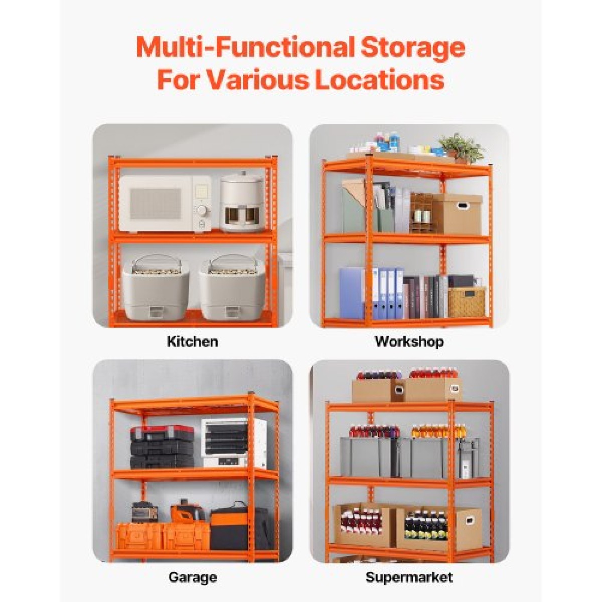 VEVOR Storage Shelves, 2400 lbs, 4 Tier Heavy Duty Garage Shelving, 20" D x 40" W x 60" H Ρυθμιζόμενα Μεταλλικά Ράφια για Βιομηχανικά Ράφια Βοηθητικό ράφι, για κουζίνα, αποθήκη, υπόγειο, πορτοκαλί