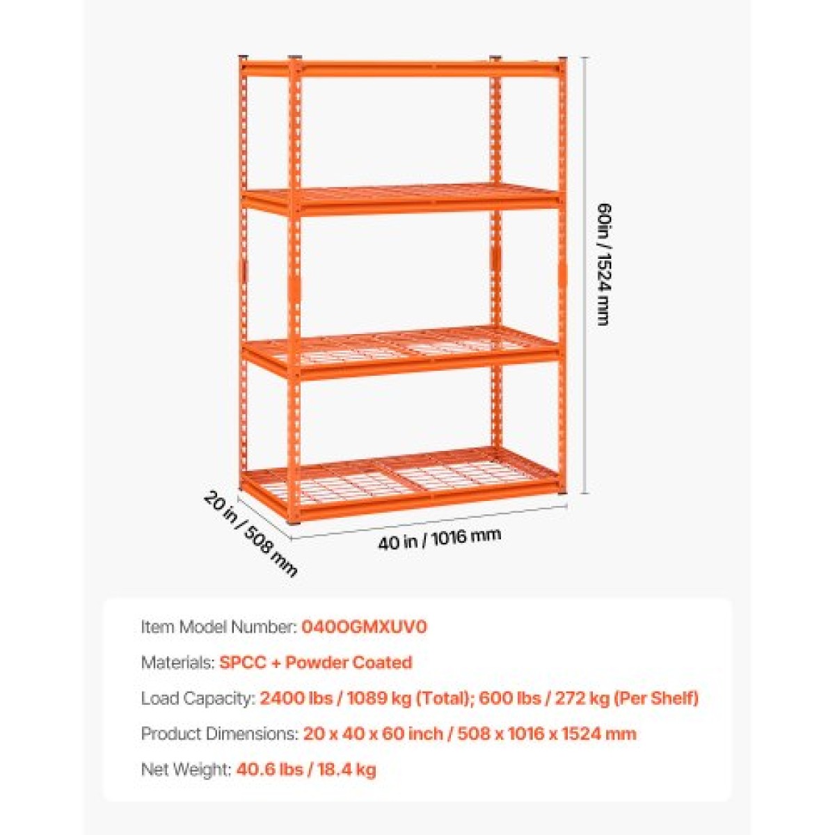 VEVOR Storage Shelves, 2400 lbs, 4 Tier Heavy Duty Garage Shelving, 20" D x 40" W x 60" H Ρυθμιζόμενα Μεταλλικά Ράφια για Βιομηχανικά Ράφια Βοηθητικό ράφι, για κουζίνα, αποθήκη, υπόγειο, πορτοκαλί