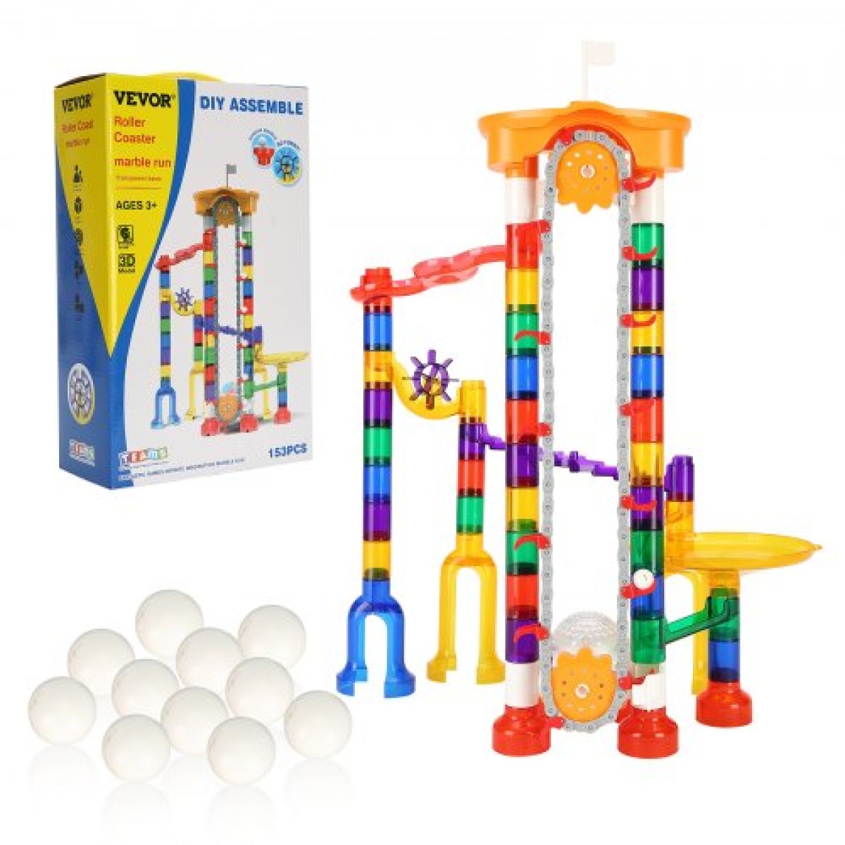 VEVOR Marble Run Set, 153 ΤΕΜ με Μηχανοκίνητο Ανελκυστήρα, με 30 Πλαστικά Μάρμαρα, Marble Maze Building Block Brain Game, Εκπαιδευτικά Παιχνίδια αγώνων δρόμου STEM, για παιδιά, αγόρια, κορίτσια Ηλικίες 3 + ετών