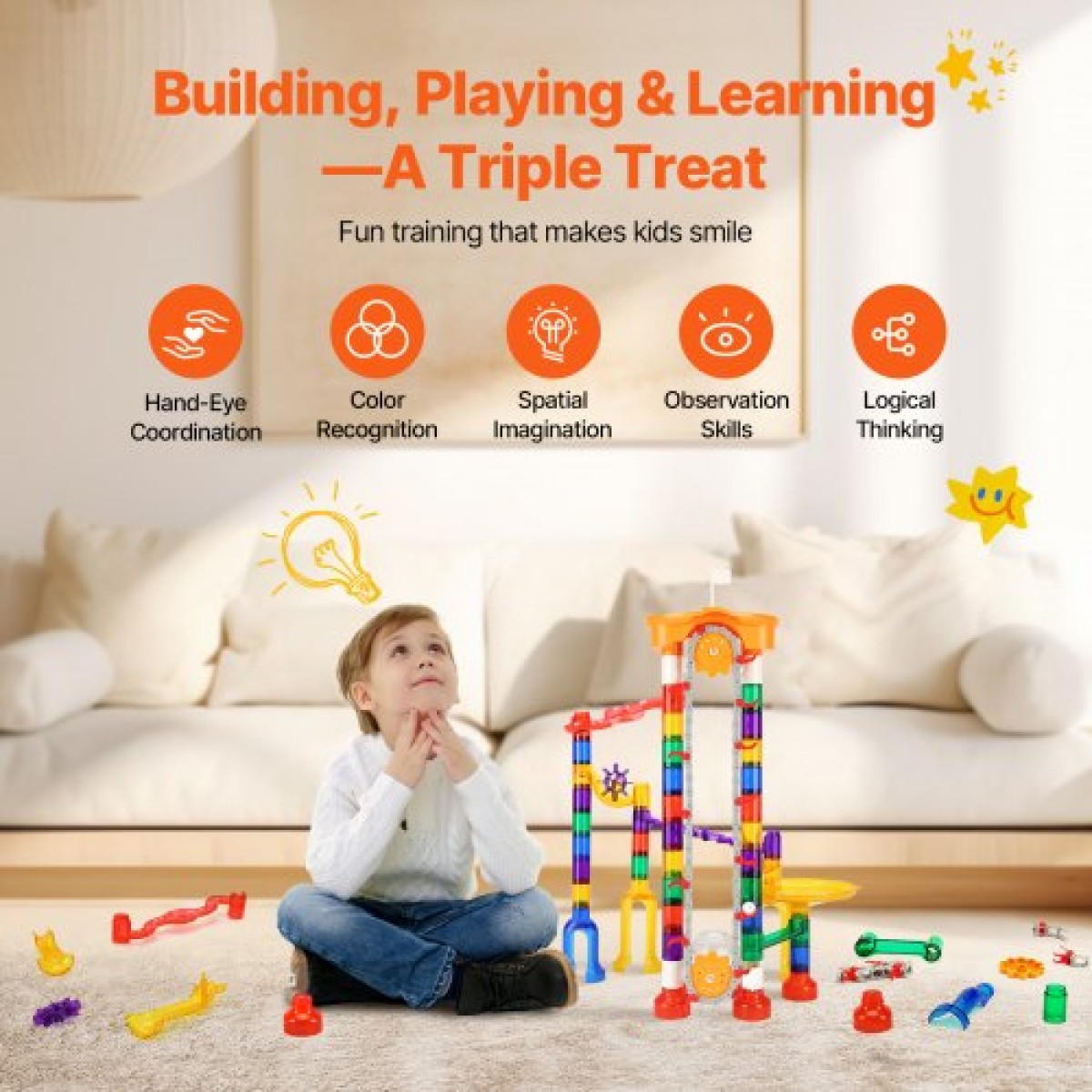 VEVOR Marble Run Set, 153 ΤΕΜ με Μηχανοκίνητο Ανελκυστήρα, με 30 Πλαστικά Μάρμαρα, Marble Maze Building Block Brain Game, Εκπαιδευτικά Παιχνίδια αγώνων δρόμου STEM, για παιδιά, αγόρια, κορίτσια Ηλικίες 3 + ετών
