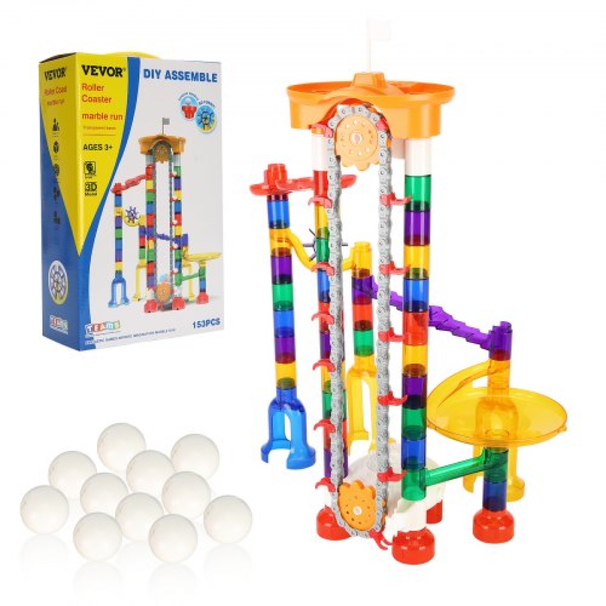 VEVOR Marble Run Set, 153 ΤΕΜ με Μηχανοκίνητο Ανελκυστήρα, με 30 Πλαστικά Μάρμαρα, Marble Maze Building Block Brain Game, Εκπαιδευτικά Παιχνίδια αγώνων δρόμου STEM, για παιδιά, αγόρια, κορίτσια Ηλικίες 3 + ετών