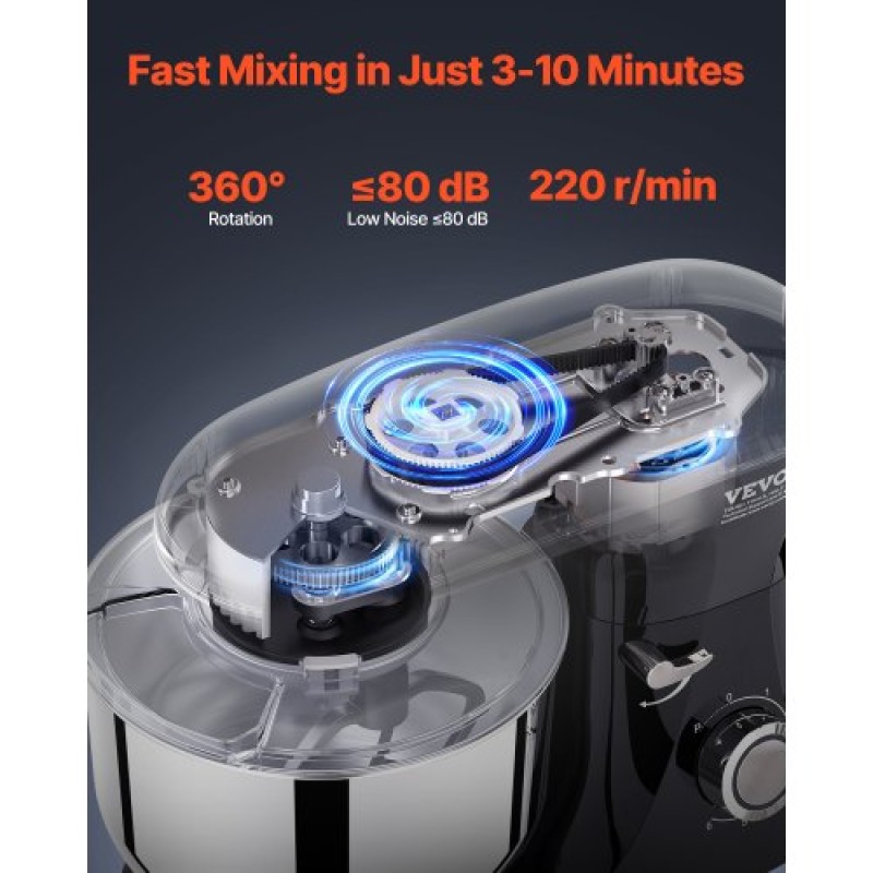 Βάση μίξερ VEVOR, 6 QT μίξερ ζύμης, 1400W 6 + P Speeds Ανατρεπόμενο μίξερ τροφίμων με μπολ από ανοξείδωτο χάλυβα, γάντζος ζύμης, συρμάτινο μαστίγιο, ίσιος χτυπητής, ξύστρα, οικιακός αναδευτήρας για ψήσιμο, ανάμειξη, μαύρο
