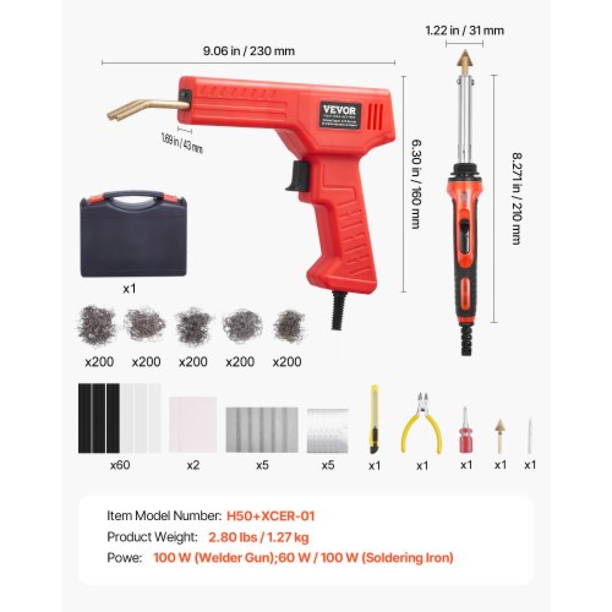 VEVOR Plastic Welder Kit Deluxe, Πλαστικό πιστόλι συγκόλλησης 100W + Συγκολλητικό σίδερο 60 W/100W, Επαγγελματικό εργαλείο συγκόλλησης πλαστικών επισκευών με 1000 τεμ.