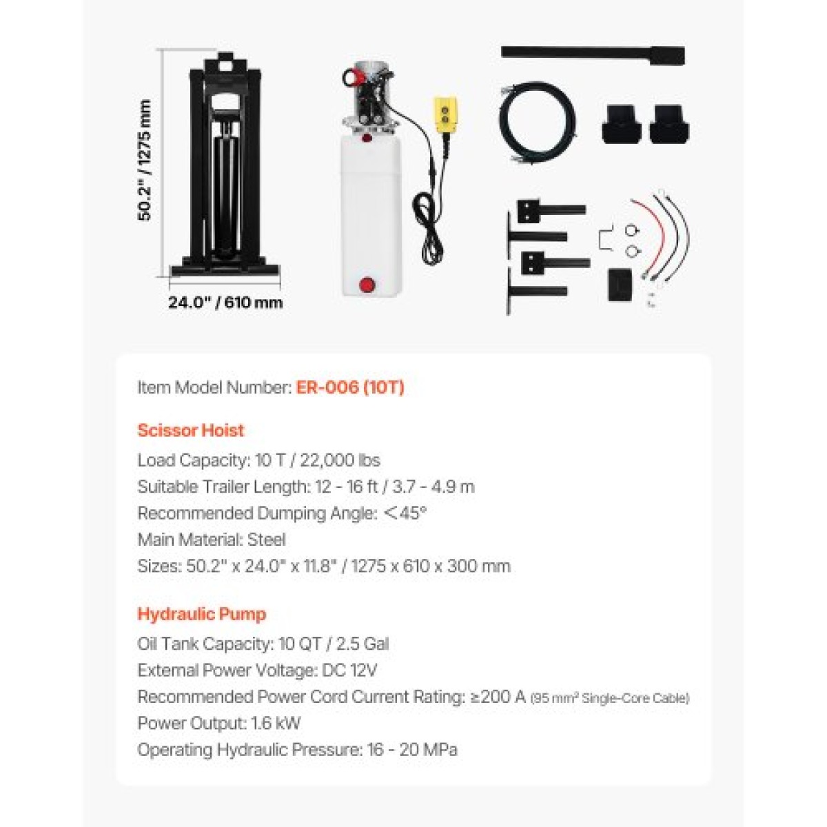 VEVOR Hydraulic Dump Lift Kit, 22.000 lb/10 T Dump Trailer Hydraulic Scissor Hoist Kit Standard Kit, Hydraulic Dump Bed Kit with 12V Hydraulic Pump Unit Κατάλληλο για Scissor Lift Dump Trailers Trucks
