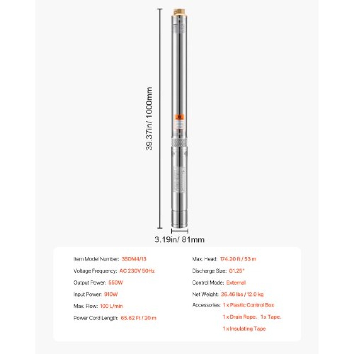 Υποβρύχια αντλία VEVOR Deep Well, Ισχύς εισόδου 910W, 230V, ροή 100 L/min, κεφαλή 53 m(174 ft), καλώδιο 20 m (65,62 ft) με εξωτερικό κιβώτιο ελέγχου, αντλία νερού από ανοξείδωτο χάλυβα, IP68, για βιομηχανική χρήση και οικιακή χρήση