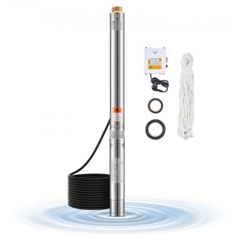Υποβρύχια αντλία VEVOR Deep Well, Ισχύς εισόδου 910W, 230V, ροή 100 L/min, κεφαλή 53 m(174 ft), καλώδιο 20 m (65,62 ft) με εξωτερικό κιβώτιο ελέγχου, αντλία νερού από ανοξείδωτο χάλυβα, IP68, για βιομηχανική χρήση και οικιακή χρήση