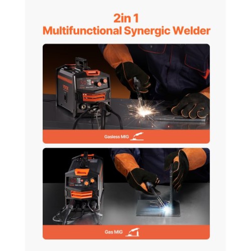 VEVOR MIG Welder, 130A Synergic Mig Welding Machine, 2-in-1 Gas MIG/Gasless Flux Core MIG Welder Multi-Process, Portable Mig Welder with IGBT Inverter Technology & Digital Display Screen