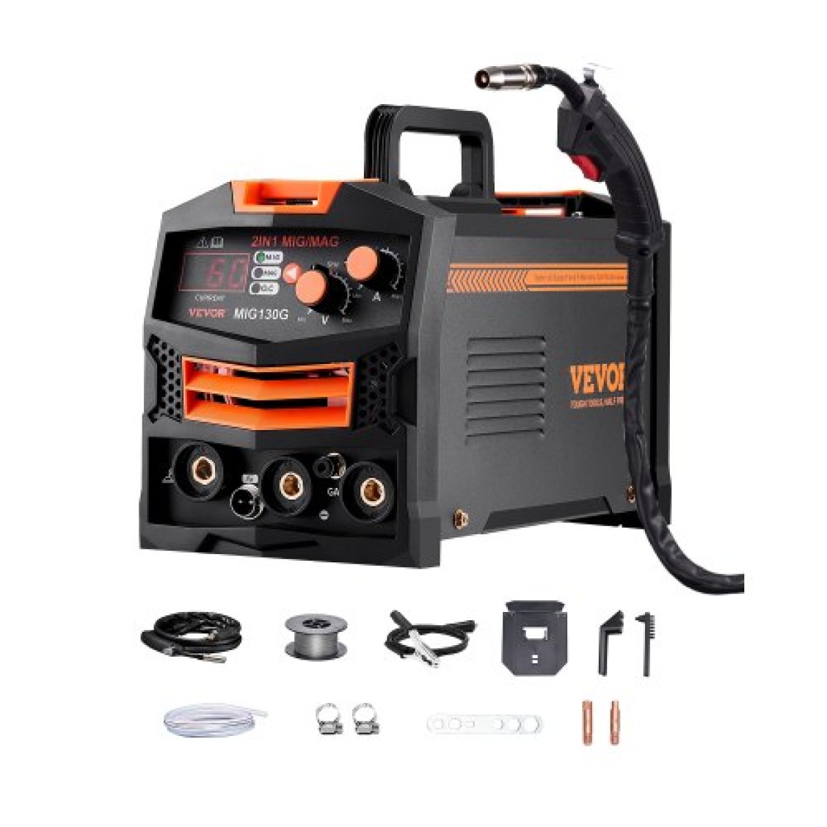 VEVOR MIG Welder, 130A Synergic Mig Welding Machine, 2-in-1 Gas MIG/Gasless Flux Core MIG Welder Multi-Process, Portable Mig Welder with IGBT Inverter Technology & Digital Display Screen