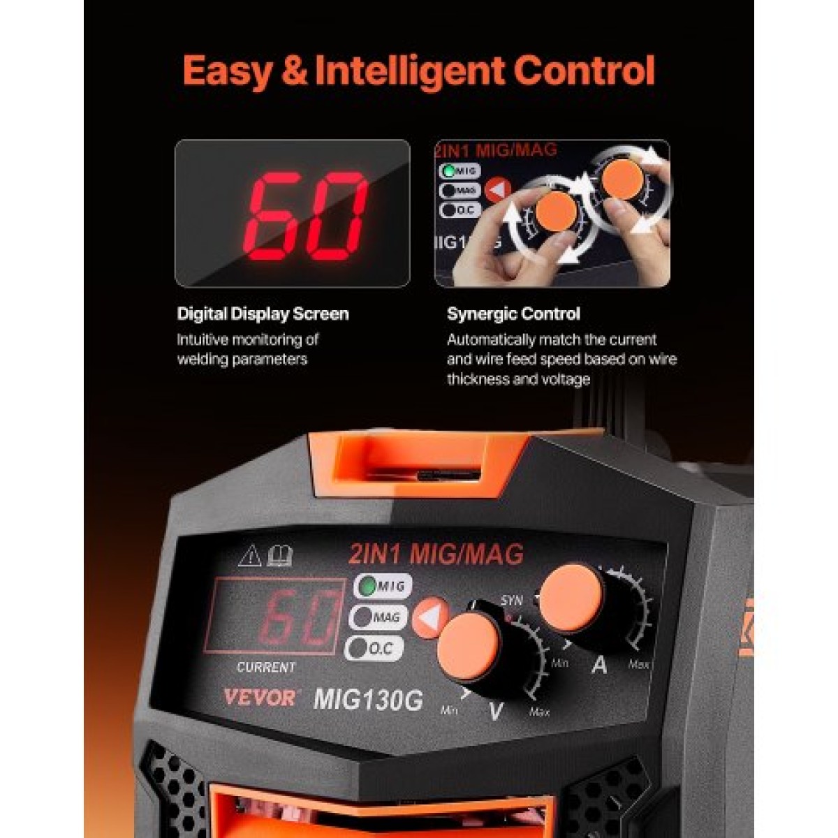 VEVOR MIG Welder, 130A Synergic Mig Welding Machine, 2-in-1 Gas MIG/Gasless Flux Core MIG Welder Multi-Process, Portable Mig Welder with IGBT Inverter Technology & Digital Display Screen