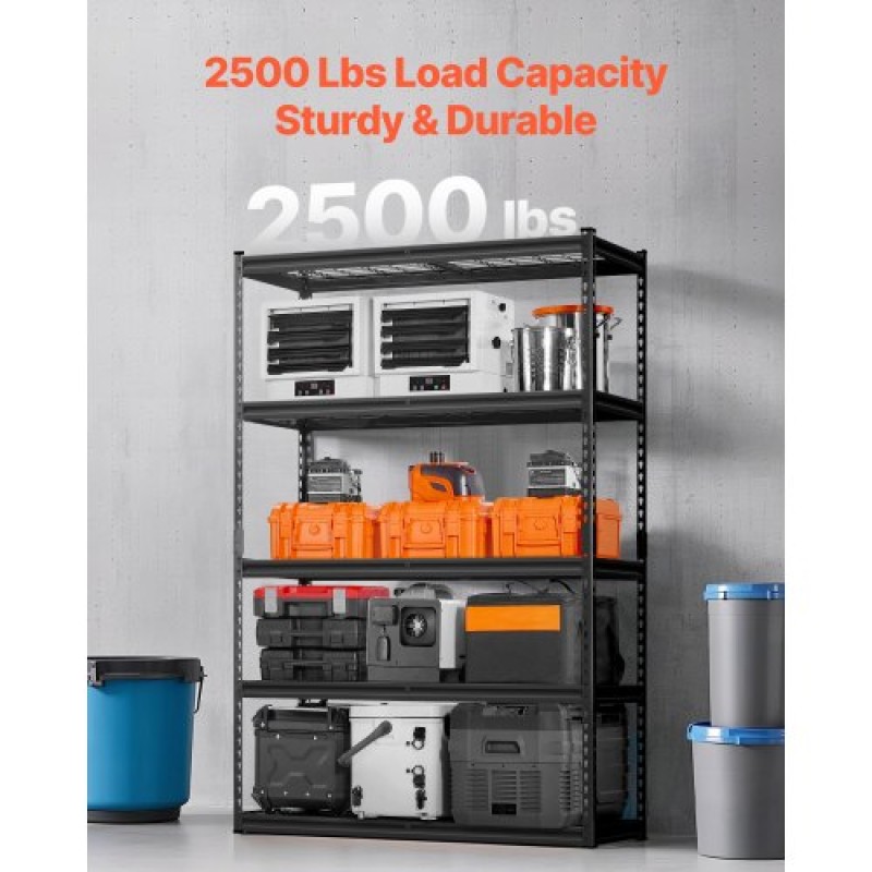 VEVOR Storage Shelves, 2500 lbs, 5 Tier Heavy Duty Garage Shelving, 18" D x 48" W x 72" H Ρυθμιζόμενα μεταλλικά ράφια για βιομηχανική μονάδα ράφια Βοηθητικό ράφι, για κουζίνα, αποθήκη, υπόγειο, μαύρο