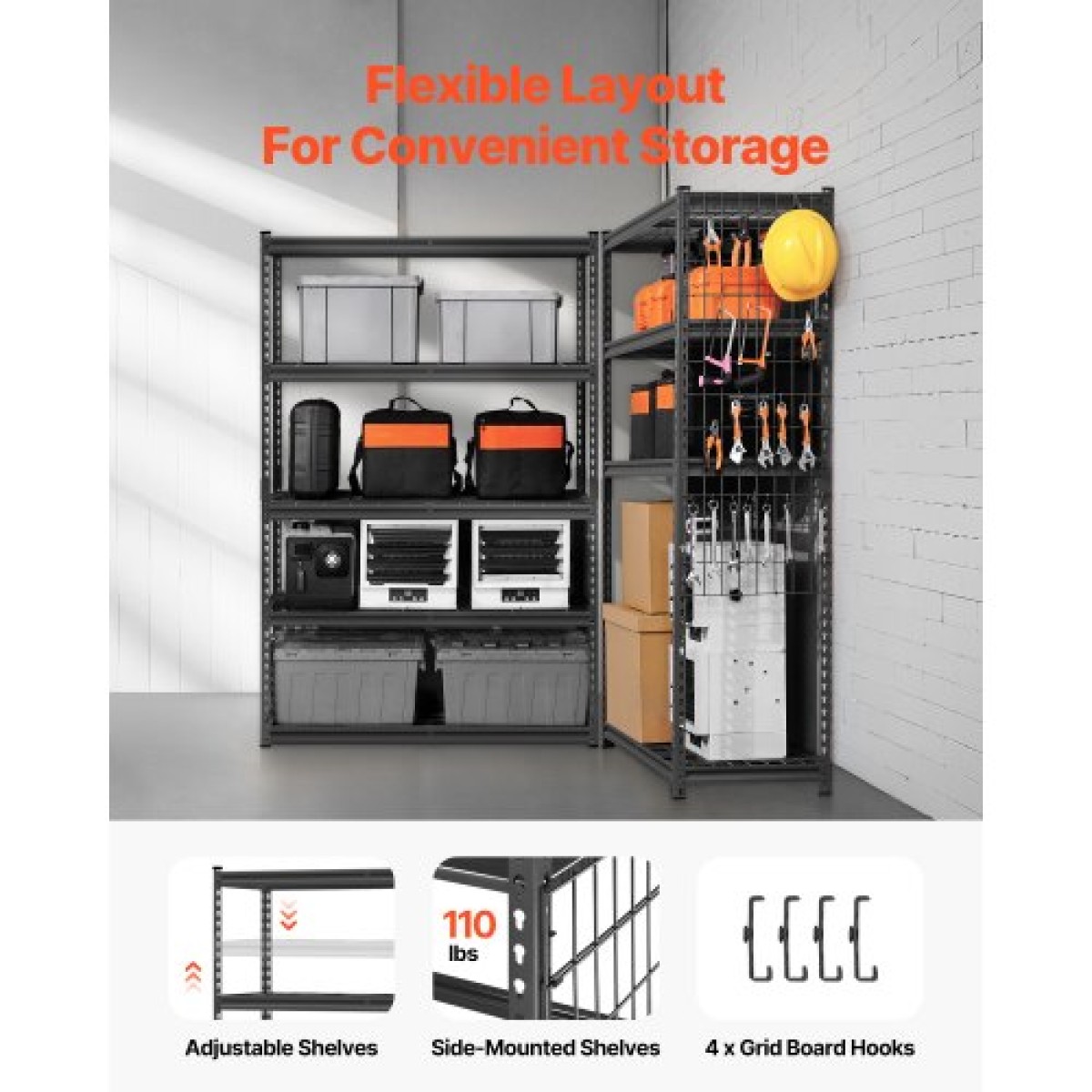 VEVOR Storage Shelves, 2500 lbs, 5 Tier Heavy Duty Garage Shelving, 18" D x 48" W x 72" H Ρυθμιζόμενα μεταλλικά ράφια για βιομηχανική μονάδα ράφια Βοηθητικό ράφι, για κουζίνα, αποθήκη, υπόγειο, μαύρο