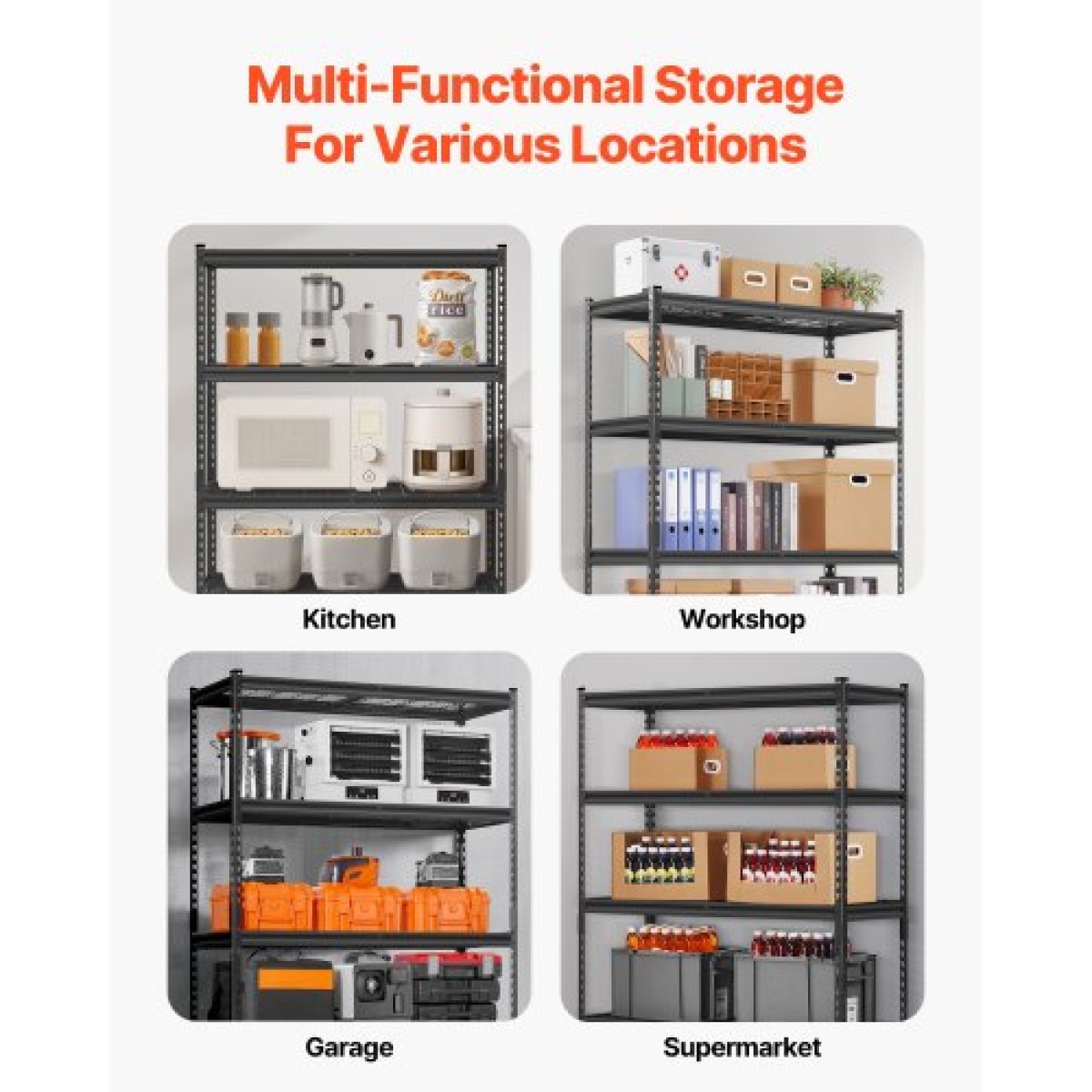 VEVOR Storage Shelves, 2500 lbs, 5 Tier Heavy Duty Garage Shelving, 18" D x 48" W x 72" H Ρυθμιζόμενα μεταλλικά ράφια για βιομηχανική μονάδα ράφια Βοηθητικό ράφι, για κουζίνα, αποθήκη, υπόγειο, μαύρο