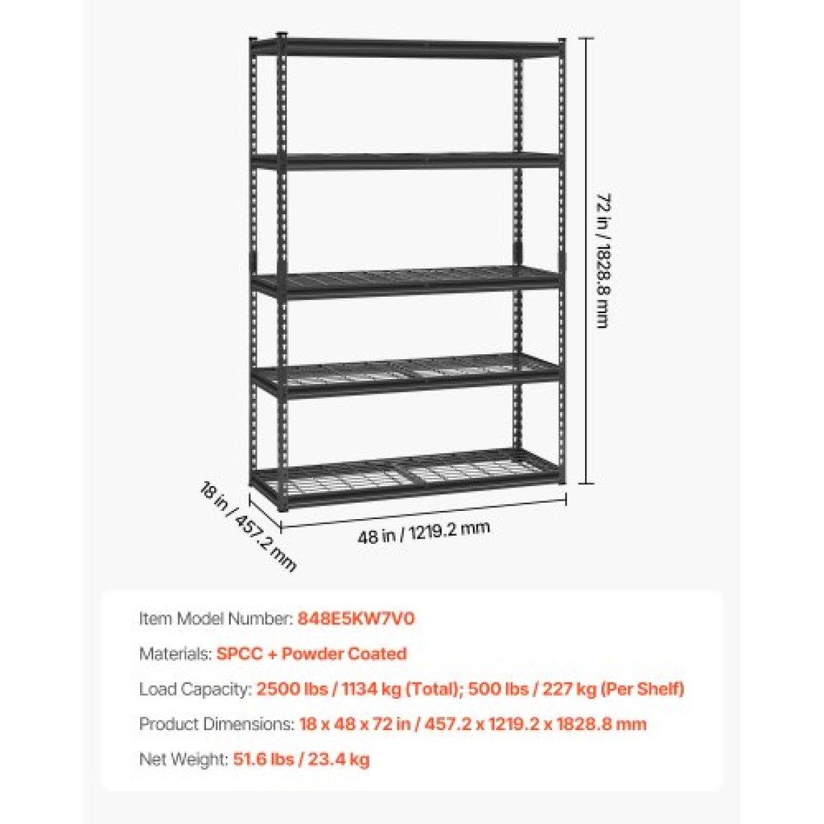 VEVOR Storage Shelves, 2500 lbs, 5 Tier Heavy Duty Garage Shelving, 18" D x 48" W x 72" H Ρυθμιζόμενα μεταλλικά ράφια για βιομηχανική μονάδα ράφια Βοηθητικό ράφι, για κουζίνα, αποθήκη, υπόγειο, μαύρο