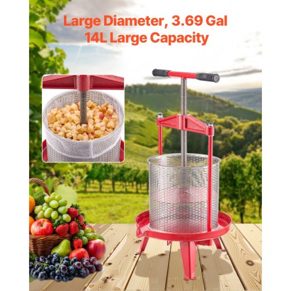 VEVOR 3.69 Gal/14L Πρέσα κρασιού φρούτων, καλάθι από ανοξείδωτο ατσάλι με σταυρωτή δοκό και τριγωνική δομή, χειροκίνητη χυμοποιός, πρέσα παρασκευής βάμματος σταφυλιού μηλίτη μηλίτη με λαβή T για κουζίνα σπιτιού