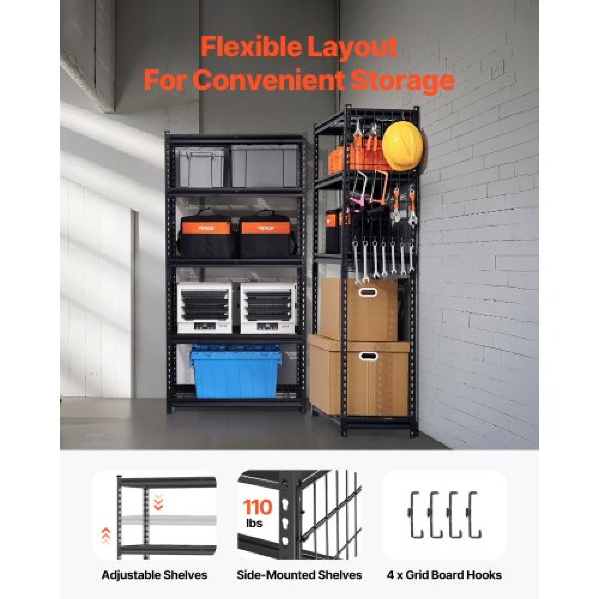 VEVOR Storage Shelves, 2000 lbs, 5 Tier Heavy Duty Garage Shelving, 16" D x 36" W x 72" H Ρυθμιζόμενα Μεταλλικά Ράφια για Βιομηχανικά Ράφια Βοηθητικό ράφι, για κουζίνα, αποθήκη, υπόγειο, μαύρο