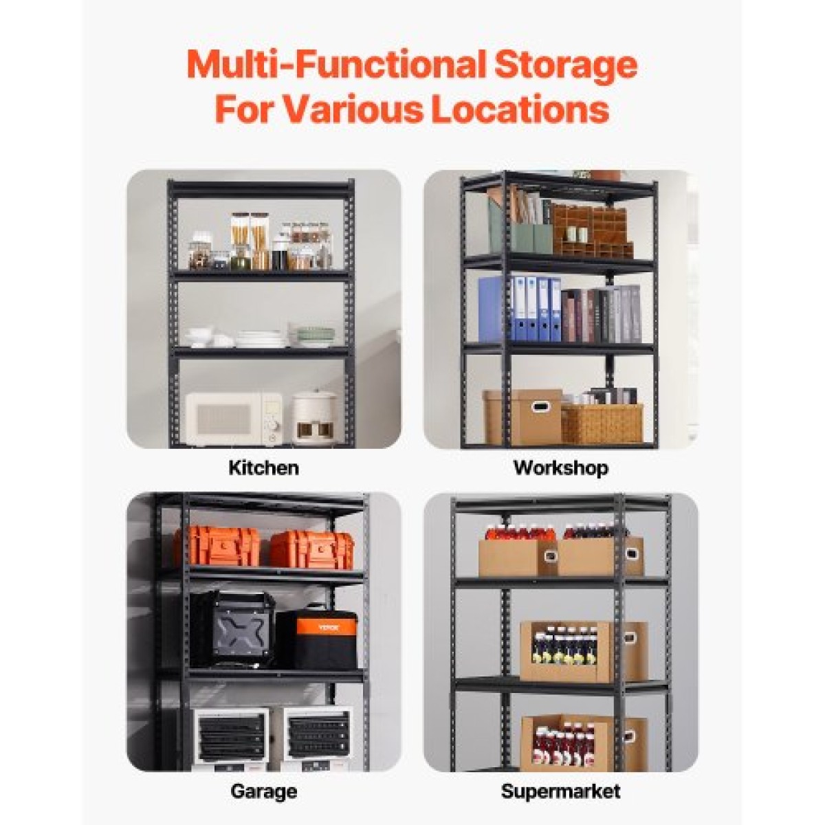 VEVOR Storage Shelves, 2000 lbs, 5 Tier Heavy Duty Garage Shelving, 16" D x 36" W x 72" H Ρυθμιζόμενα Μεταλλικά Ράφια για Βιομηχανικά Ράφια Βοηθητικό ράφι, για κουζίνα, αποθήκη, υπόγειο, μαύρο