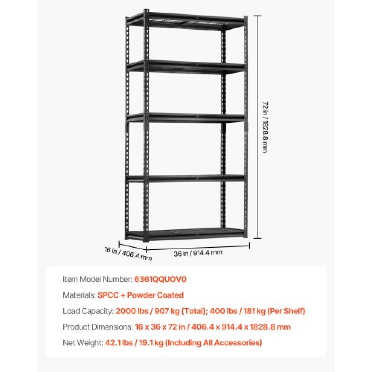 VEVOR Storage Shelves, 2000 lbs, 5 Tier Heavy Duty Garage Shelving, 16" D x 36" W x 72" H Ρυθμιζόμενα Μεταλλικά Ράφια για Βιομηχανικά Ράφια Βοηθητικό ράφι, για κουζίνα, αποθήκη, υπόγειο, μαύρο