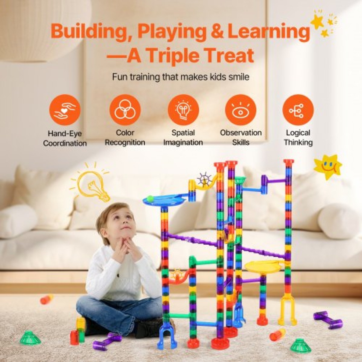 VEVOR Marble Run Set, 150 Piece Marble Maze Building Block Brain Game, with 10 Glow in the Dark Marbles + 40 Glass Marbles, Educational Learning Race Track STEM Toys, για παιδιά, αγόρια, κορίτσια ηλικίας 3+