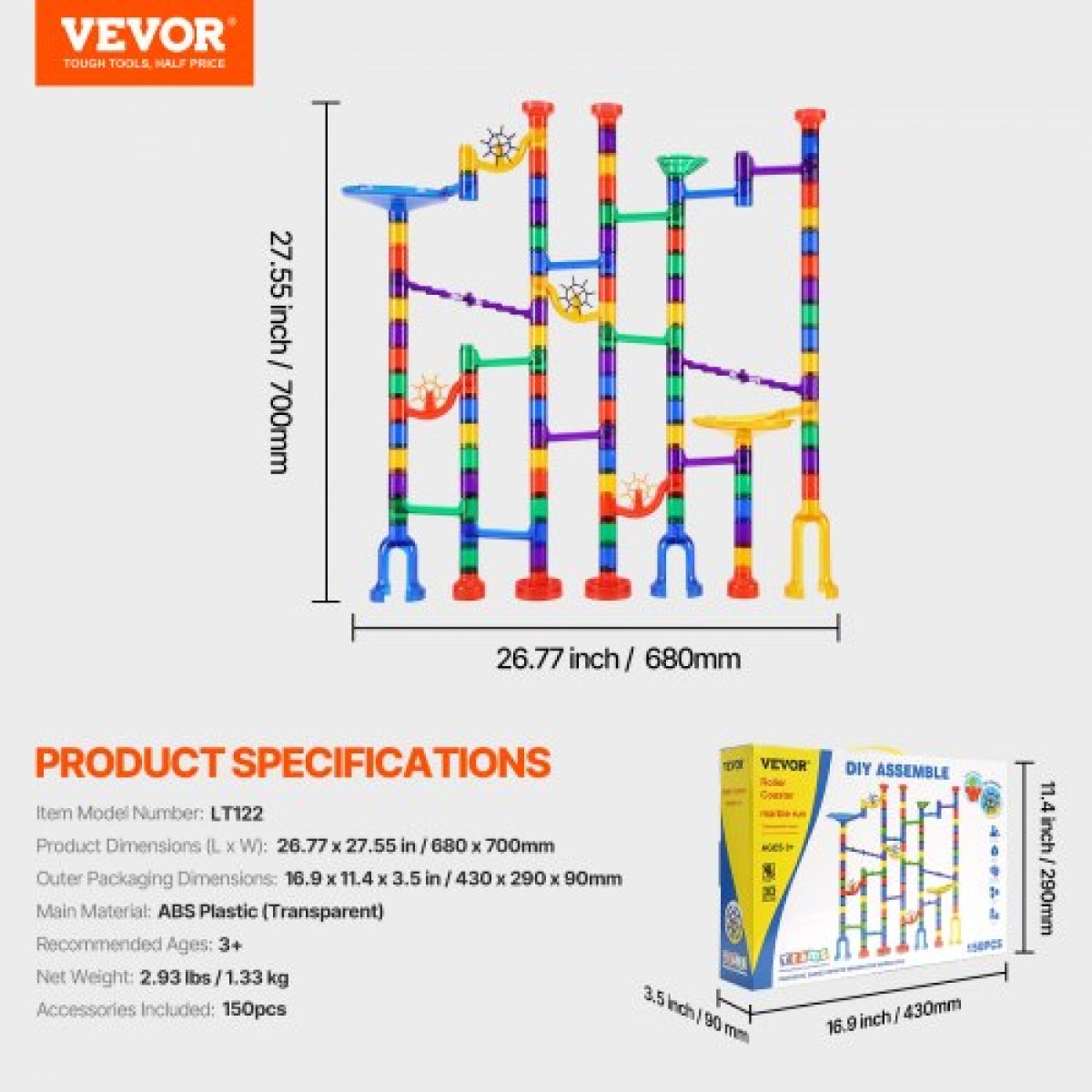 VEVOR Marble Run Set, 150 Piece Marble Maze Building Block Brain Game, with 10 Glow in the Dark Marbles + 40 Glass Marbles, Educational Learning Race Track STEM Toys, για παιδιά, αγόρια, κορίτσια ηλικίας 3+