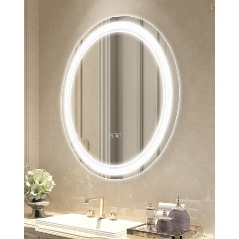 VEVOR LED Bathroom Mirror 3 Color Anti-fog Wall Mounted Round Vanity Mirror 60cm