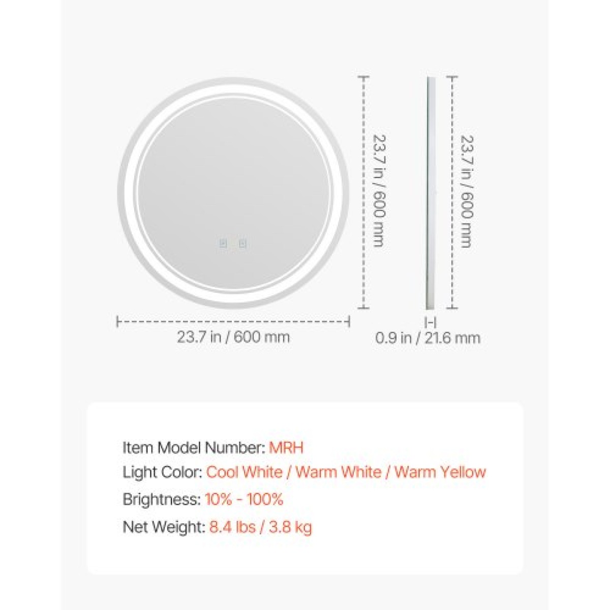 Καθρέφτης μπάνιου VEVOR LED, 60 cm LED στρογγυλός καθρέφτης μπάνιου με μπροστινό φωτισμό και οπίσθιο φωτισμό, καθρέφτης μνήμης κατά της ομίχλης με φώτα, Stepless 3 χρώματα Καθρέφτης μπάνιου με δυνατότητα ρύθμισης θερμοκρασίας, επιτοίχιος