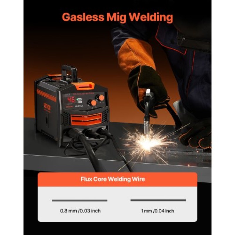 Συγκολλητής VEVOR MIG, Μηχανή συγκόλλησης Mig 130Amp Synergic, Μηχανή συγκόλλησης χωρίς ροή αερίου, φορητή συσκευή συγκόλλησης Mig με τεχνολογία IGBT Inverter και οθόνη ψηφιακής οθόνης