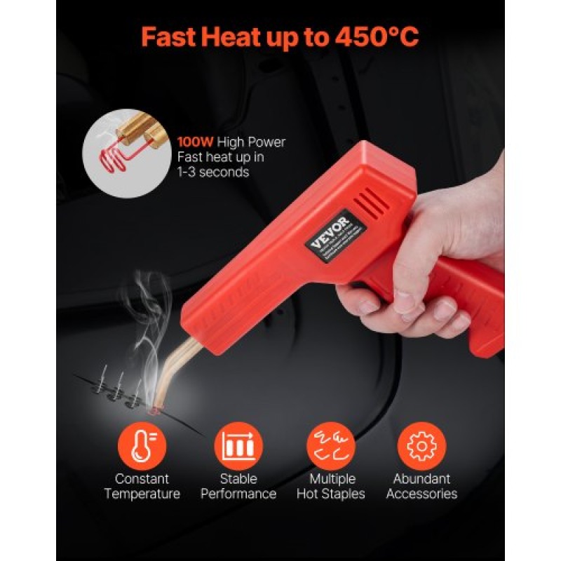 VEVOR Plastic Welder, Πλαστικό πιστόλι συγκόλλησης 100W με 800PCS Hot Staples, Professional Hot Staple Welding Gun, Πλαστικό κιτ επισκευής προφυλακτήρα αυτοκινήτου με φως LED για καγιάκ, παιχνίδια, επισκευή πλαστικών ρωγμών