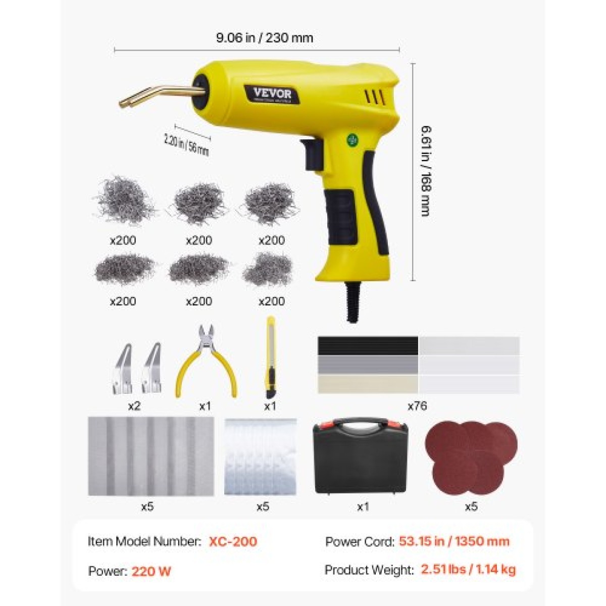 VEVOR Plastic Welding Kit, 220W Plastic Welder Gun with 1200PCS Hot Staples & 76PCS Welding Rods, Professional Hot Staple Welding Kit με φως LED, θήκη μεταφοράς για καγιάκ, παιχνίδια, επισκευή προφυλακτήρα αυτοκινήτου