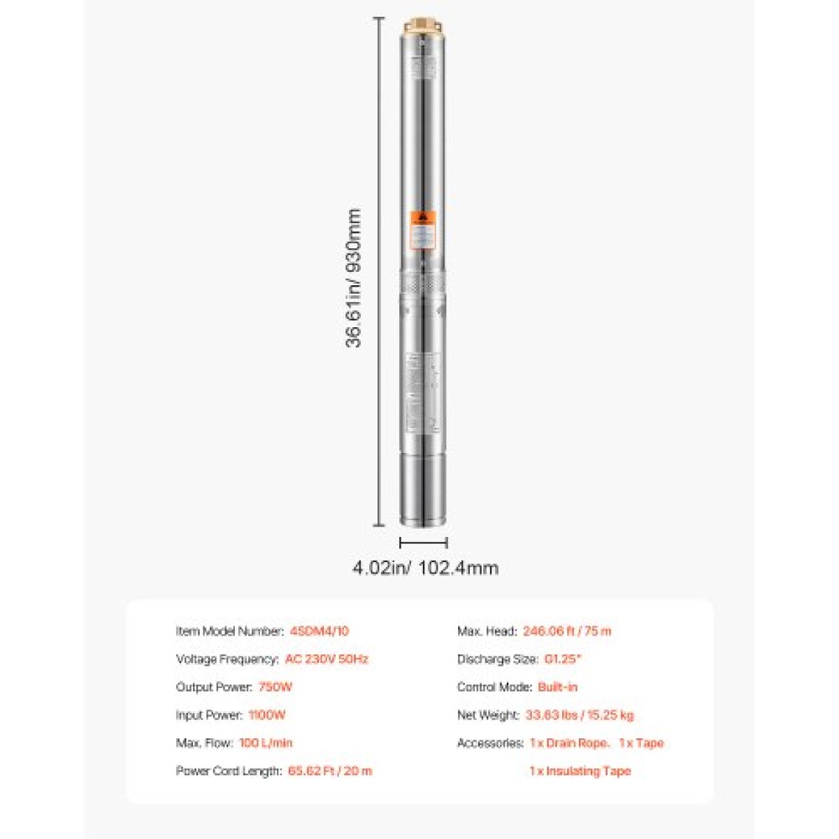Υποβρύχια αντλία VEVOR Deep Well, Ισχύς εισόδου 1100W, 230V, 100 L/min Ροή 75 m (246 ft) Κεφαλή, με καλώδιο 20 m (65,62 ft), Αντλία νερού από ανοξείδωτο χάλυβα, για βιομηχανική άρδευση και οικιακή χρήση, IP68 αδιάβροχο