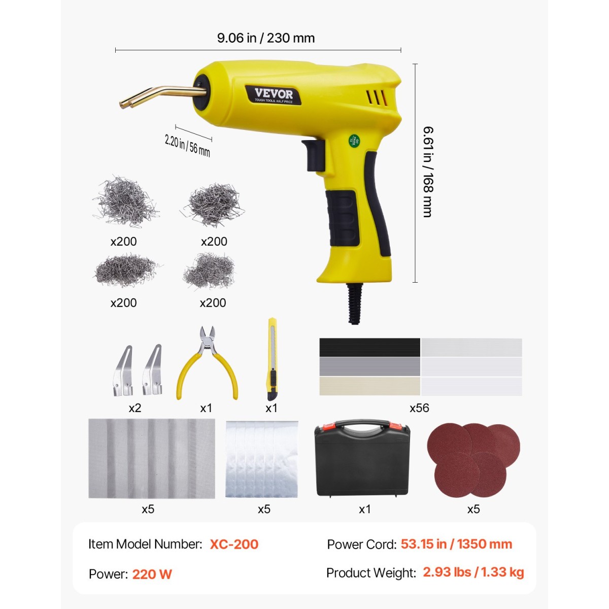 VEVOR Plastic Welding Kit, 220W Plastic Welder Gun with 800PCS Hot Staples & 56PCS Welding Rods, Professional Hot Staple Welding Kit με φως LED, Θήκη μεταφοράς για καγιάκ, παιχνίδια, επισκευή προφυλακτήρα αυτοκινήτου