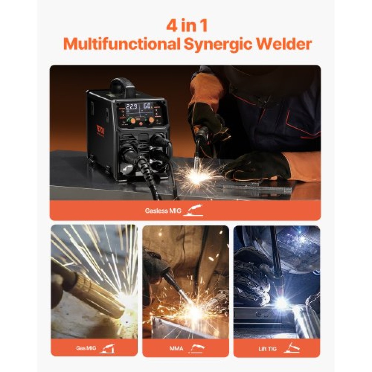 VEVOR MIG Welder, 200A Synergic Mig Welding Machine, 4-in-1 Gas MIG/Flux Core MIG/Stick/Lift TIG Multi-Process Welder Technology with IGBT Inverter Technology and LCD Screen Display