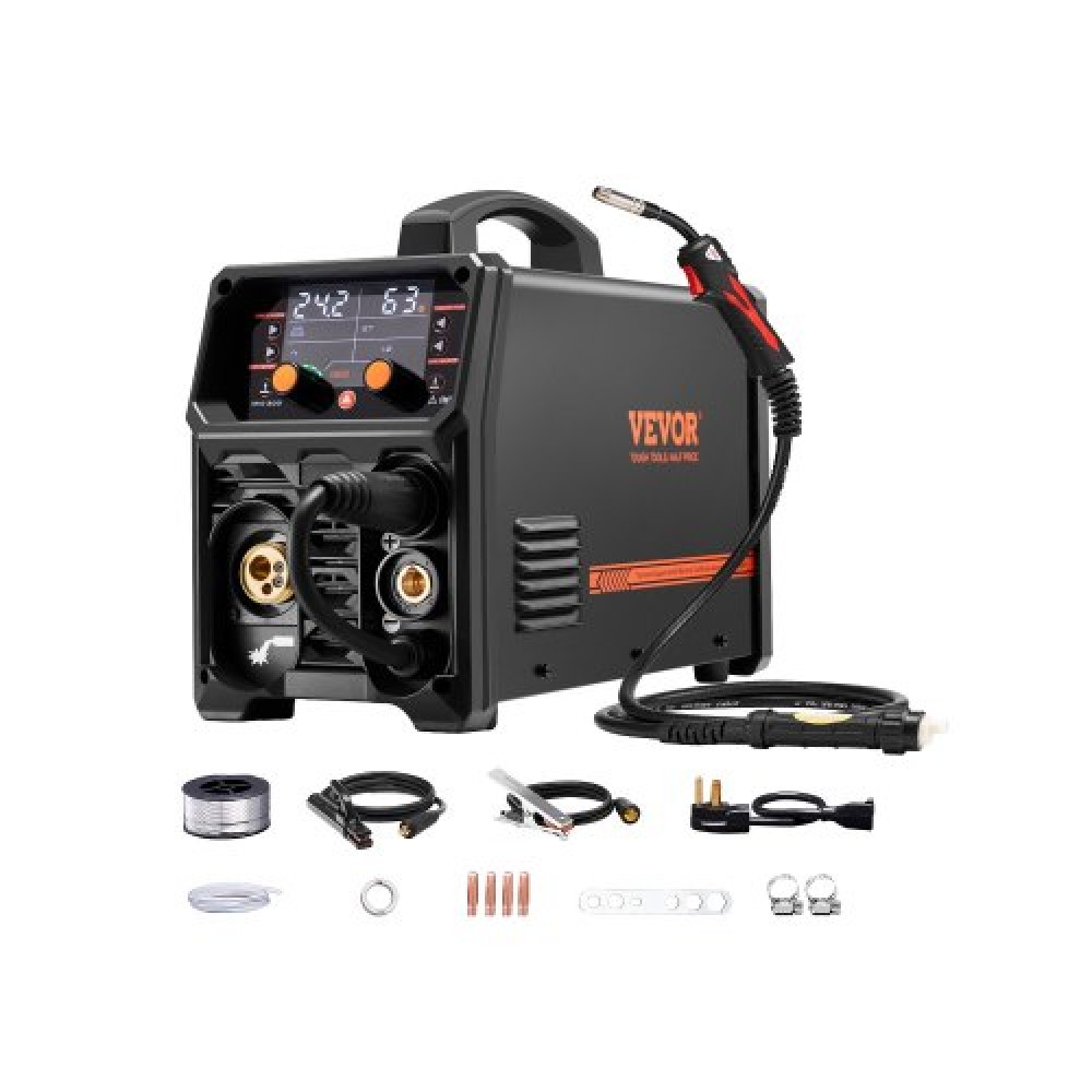 VEVOR MIG Welder, 200A Synergic Mig Welding Machine, 4-in-1 Gas MIG/Flux Core MIG/Stick/Lift TIG Multi-Process Welder Technology with IGBT Inverter Technology and LCD Screen Display