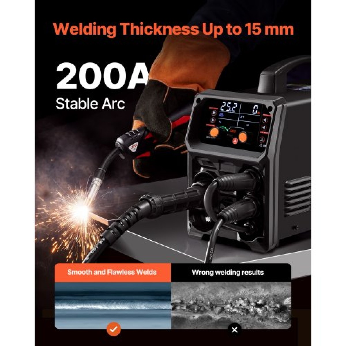 VEVOR MIG Welder, 200A Synergic Mig Welding Machine, 4-in-1 Gas MIG/Flux Core MIG/Stick/Lift TIG Multi-Process Welder Technology with IGBT Inverter Technology and LCD Screen Display