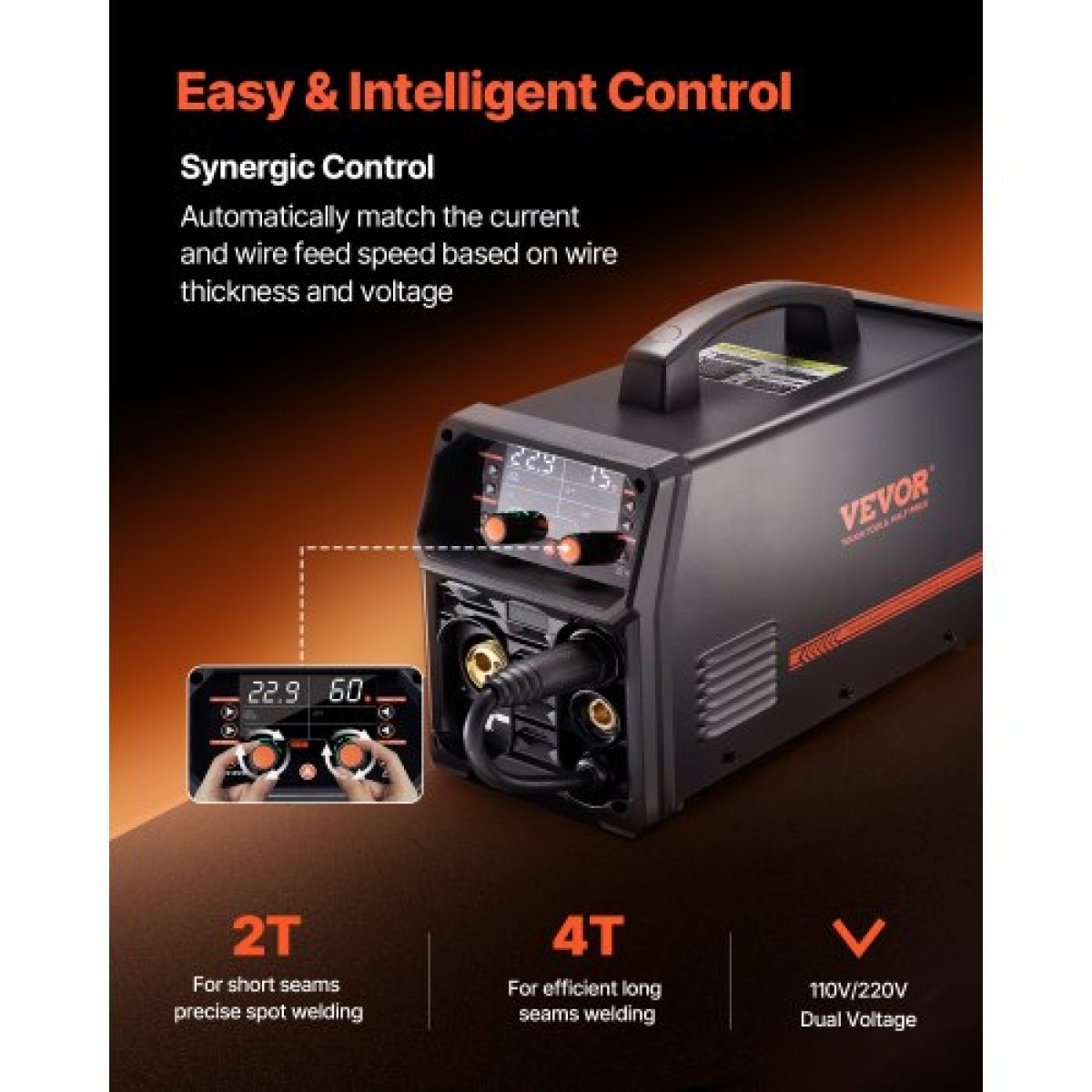 VEVOR MIG Welder, 200A Synergic Mig Welding Machine, 4-in-1 Gas MIG/Flux Core MIG/Stick/Lift TIG Multi-Process Welder Technology with IGBT Inverter Technology and LCD Screen Display