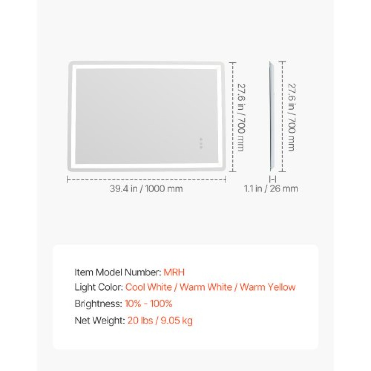 Καθρέφτης μπάνιου VEVOR LED, 70 x 100 cm Καθρέφτης μπάνιου LED με μπροστινό φωτισμό και οπίσθιο φωτισμό, καθρέφτης μνήμης κατά της ομίχλης με φώτα, Stepless 3 χρώματα Καθρέφτης μπάνιου με δυνατότητα ρύθμισης θερμοκρασίας, επιτοίχιος