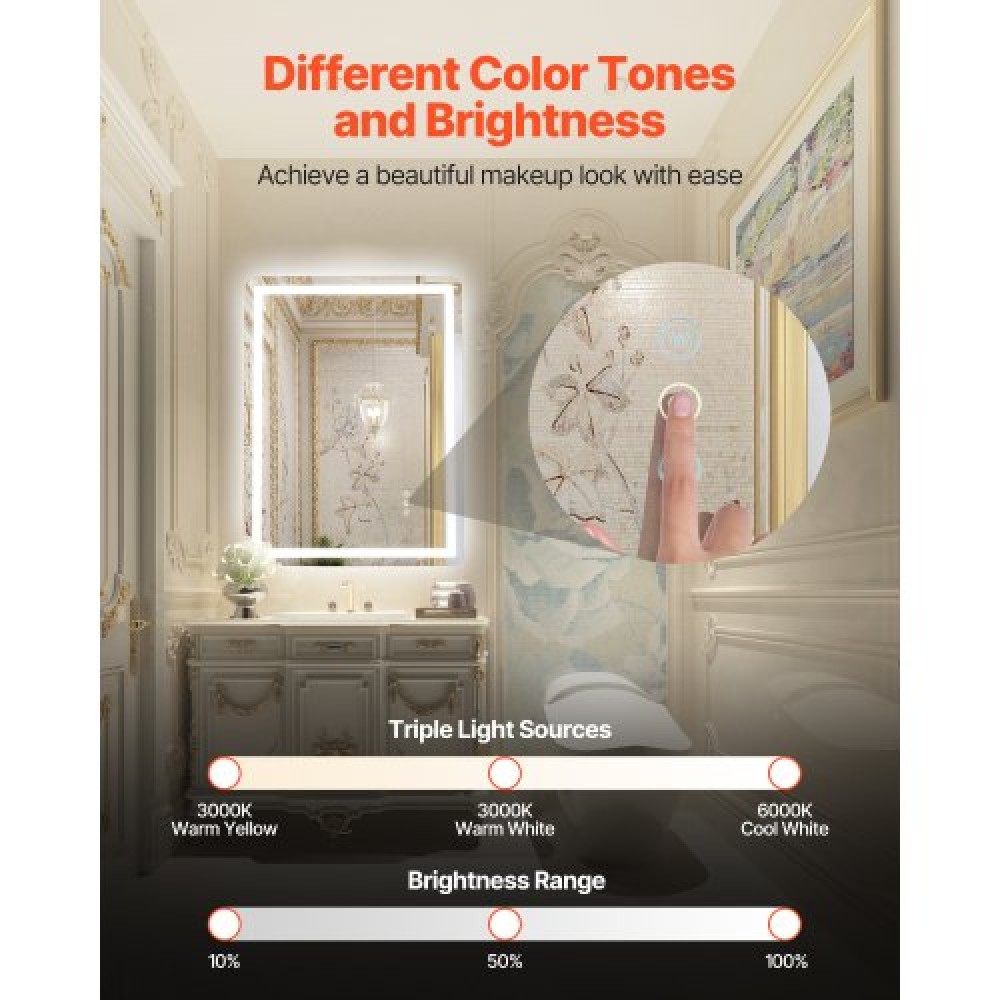 VEVOR LED Bathroom Mirror 3 Colors Anti-fog Wall Mounted Vanity Mirror 60 x 80cm