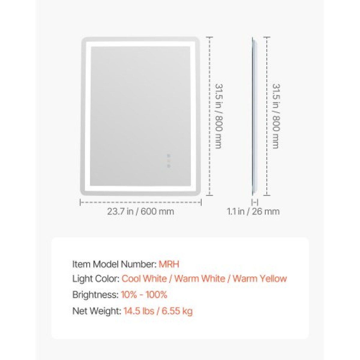 Καθρέφτης μπάνιου VEVOR LED, 60 x 80 cm Καθρέφτης μπάνιου LED με μπροστινό φωτισμό και οπίσθιο φωτισμό, καθρέφτης μνήμης κατά της ομίχλης με φώτα, Stepless 3 χρώματα Καθρέφτης μπάνιου με δυνατότητα ρύθμισης θερμοκρασίας, επιτοίχιος