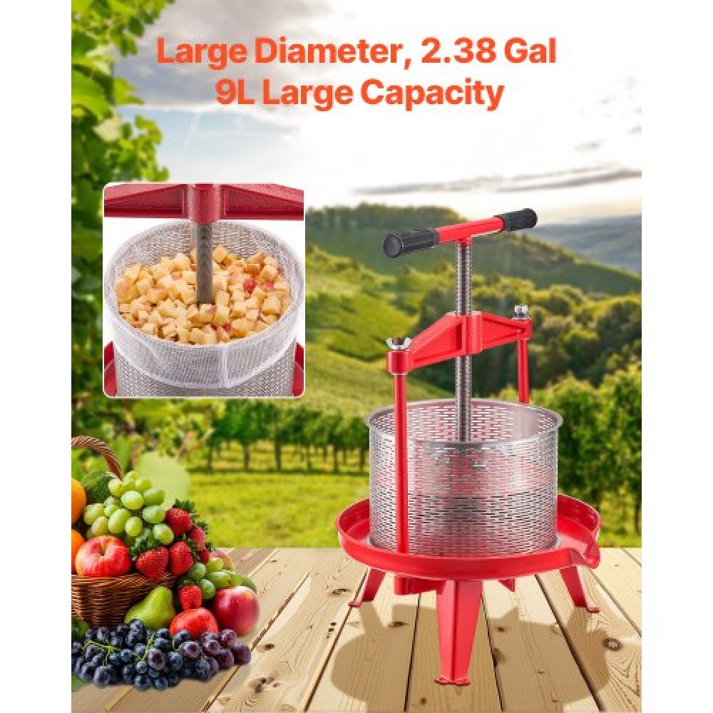 VEVOR 2,38 Gal/9L Πρέσα κρασιού φρούτων, καλάθι από ανοξείδωτο ατσάλι με σταυρωτό δοκάρι και τριγωνική δομή, χειροκίνητη συσκευή παρασκευής χυμών, πρέσα παρασκευής βάμματος σταφυλιού μηλίτη μηλίτη με λαβή T για σπίτι κουζίνας