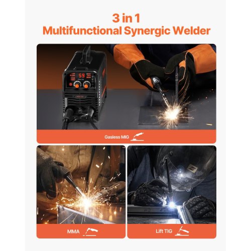 VEVOR MIG Welder, 130Amp Synergic Mig Welding Machine, 3-in-1 Flux Core MIG/Stick/Lift TIG Welder Multi-Process, Portable Mig Welder with IGBT Inverter Technology & Digital Display Screen