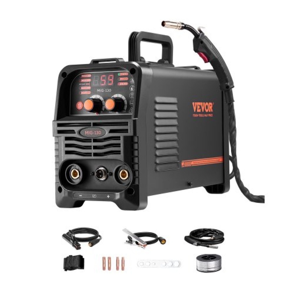 VEVOR MIG Welder, 130Amp Synergic Mig Welding Machine, 3-in-1 Flux Core MIG/Stick/Lift TIG Welder Multi-Process, Portable Mig Welder with IGBT Inverter Technology & Digital Display Screen
