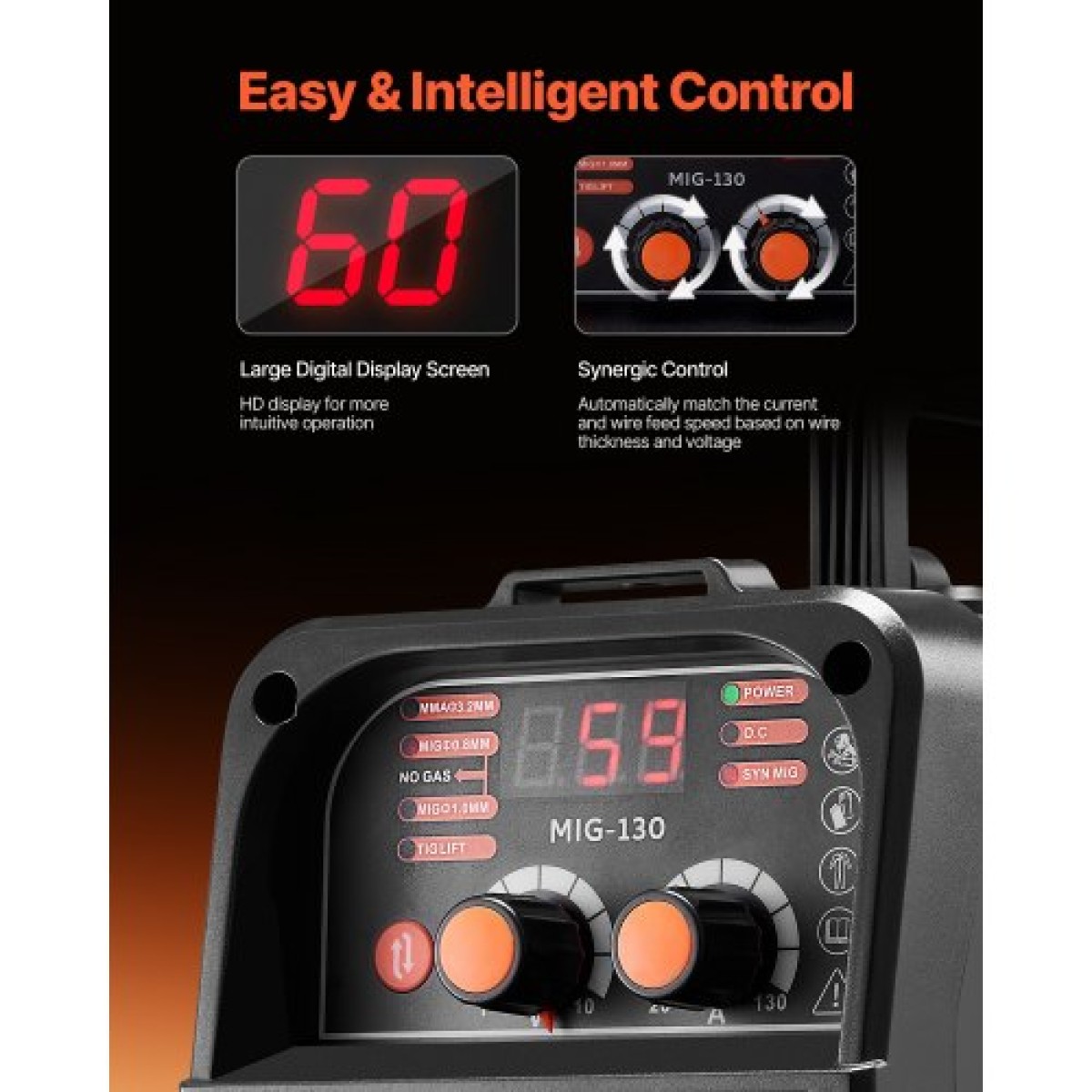 VEVOR MIG Welder, 130Amp Synergic Mig Welding Machine, 3-in-1 Flux Core MIG/Stick/Lift TIG Welder Multi-Process, Portable Mig Welder with IGBT Inverter Technology & Digital Display Screen