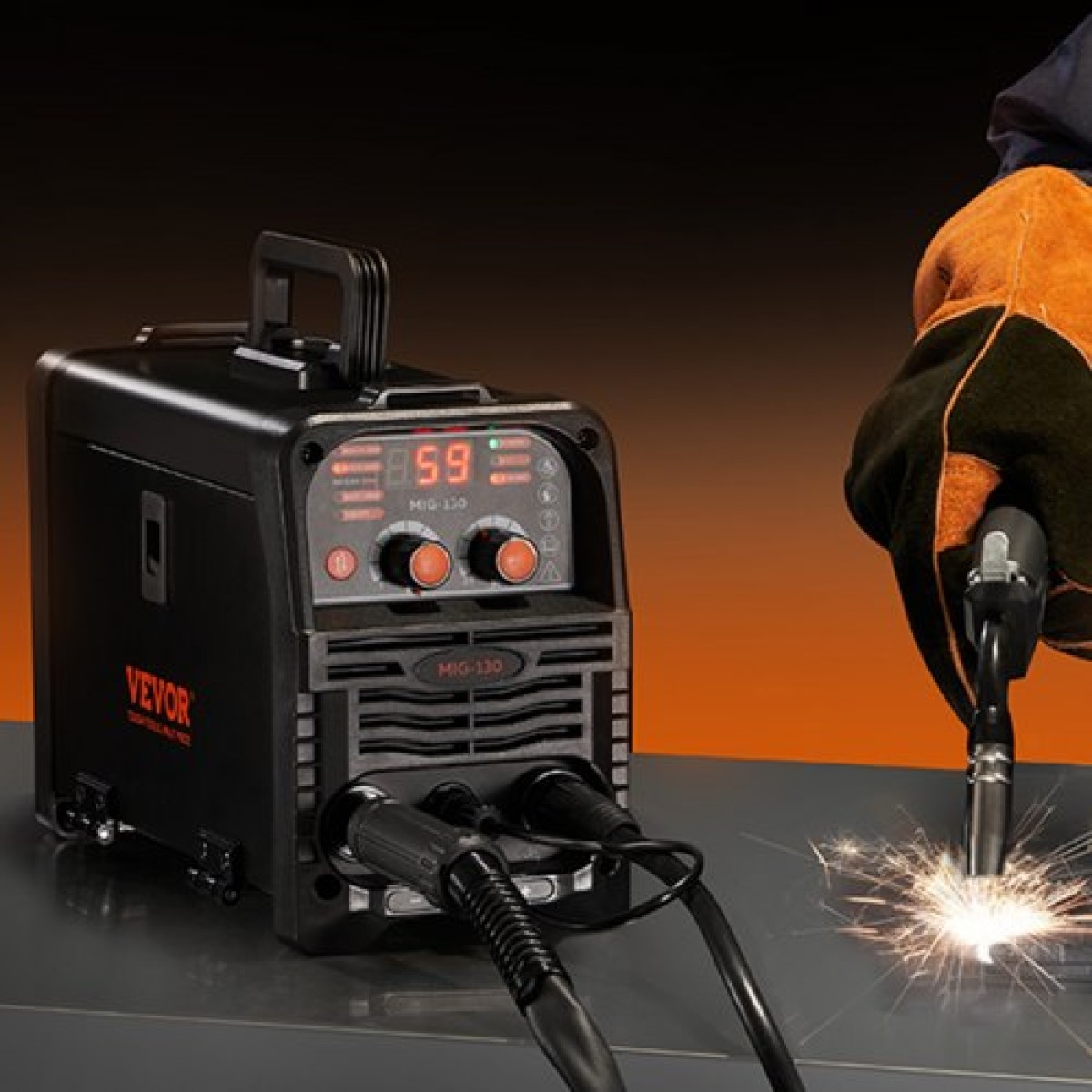 VEVOR MIG Welder, 130Amp Synergic Mig Welding Machine, 3-in-1 Flux Core MIG/Stick/Lift TIG Welder Multi-Process, Portable Mig Welder with IGBT Inverter Technology & Digital Display Screen