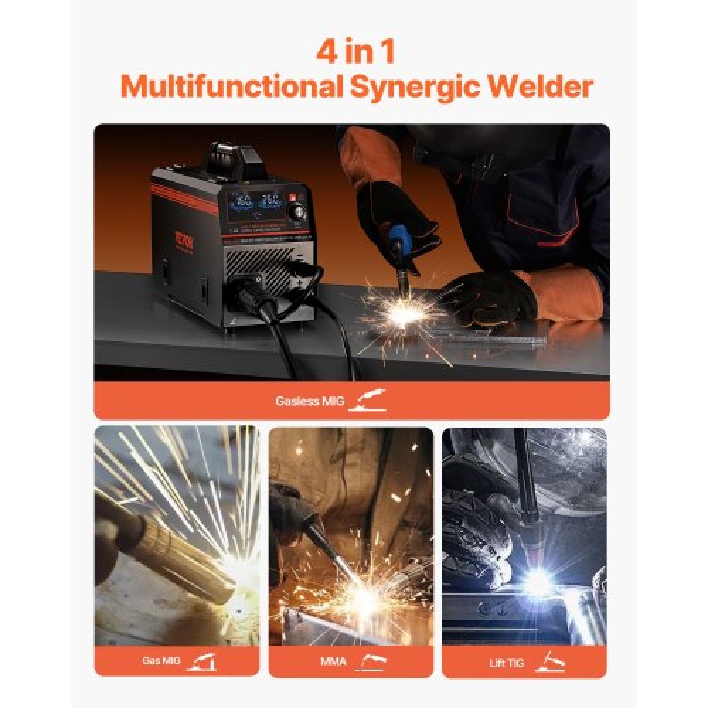 VEVOR MIG Welder, 160A Synergic Mig Welding Machine, 4-in-1 Gas MIG/Flux Core MIG/Stick/Lift TIG Multi-Process Welder Engine with IGBT Inverter Technology and LCD Screen Display