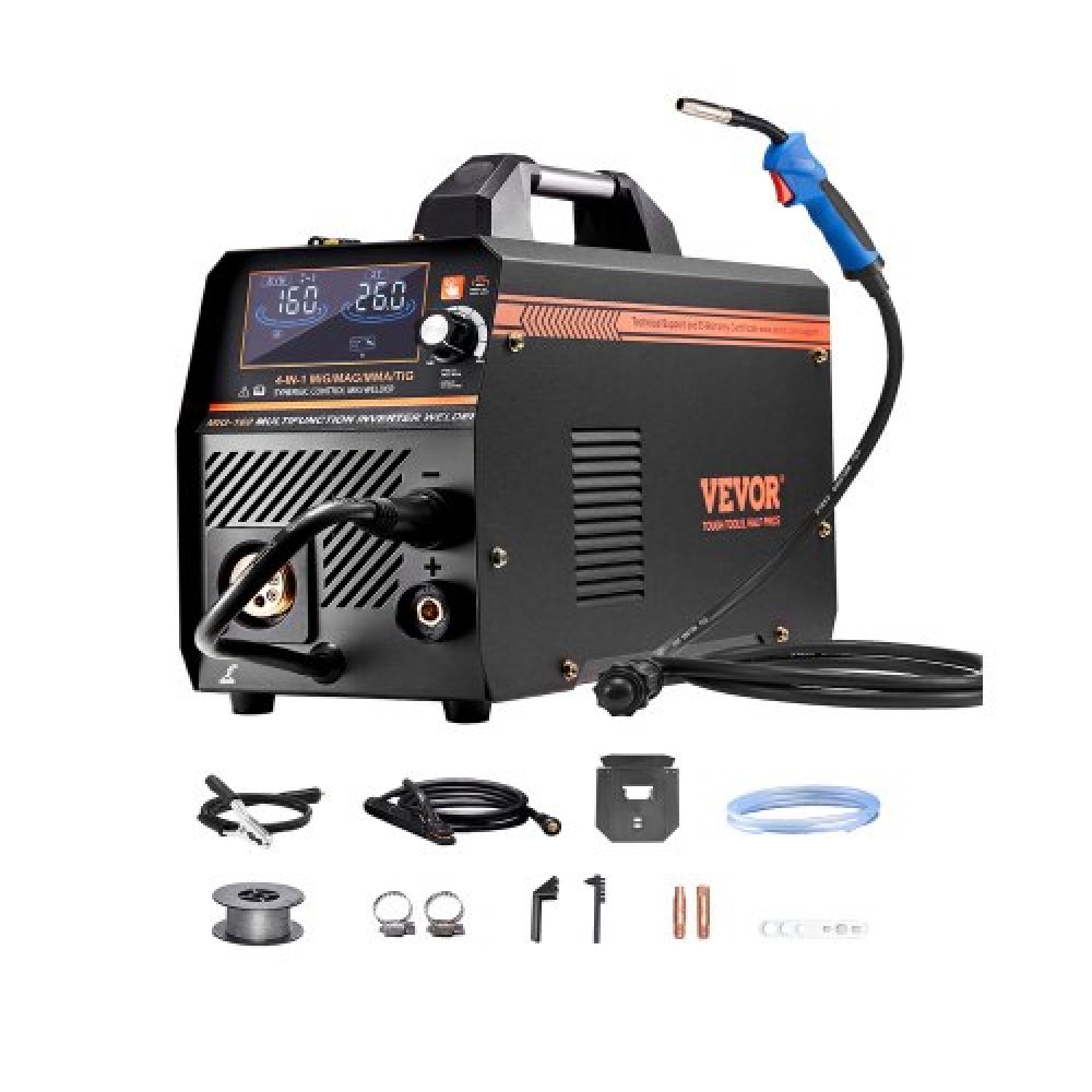 VEVOR MIG Welder, 160A Synergic Mig Welding Machine, 4-in-1 Gas MIG/Flux Core MIG/Stick/Lift TIG Multi-Process Welder Engine with IGBT Inverter Technology and LCD Screen Display